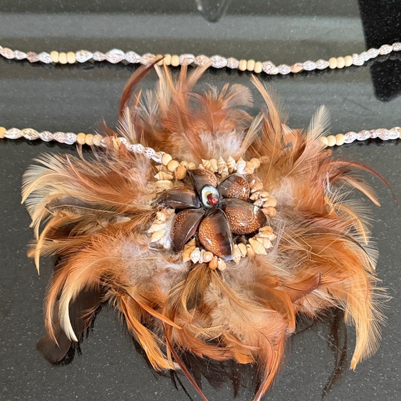 Easter Island:Vntg.Statement Necklace; Indigenous Sea Snail Shells and Feathers